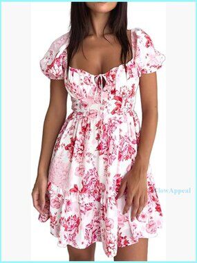 Floral Mini Dress Puff Sleeves Square Neck Tie Front Ruffle Hem Summer